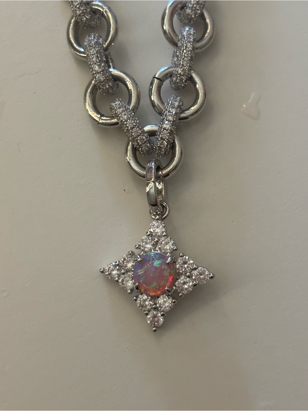 Opal Starburst Pendant Necklace - Silver-Tone with White Opal